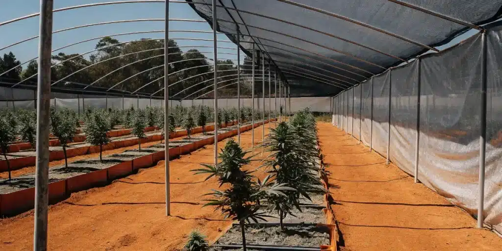 young cannabis plants growing in a greenhouse with structured netting