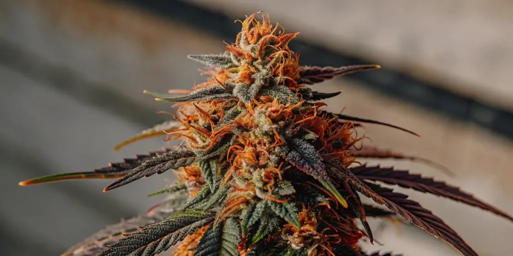 gros plan détaillé d’un bud de cannabis Cafe Racer aux pistils orange vif