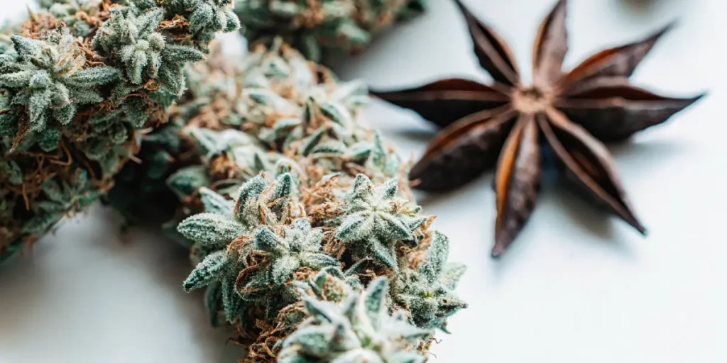 Gros plan hyper réaliste de têtes de cannabis résineuses accompagnées d’une étoile de badiane