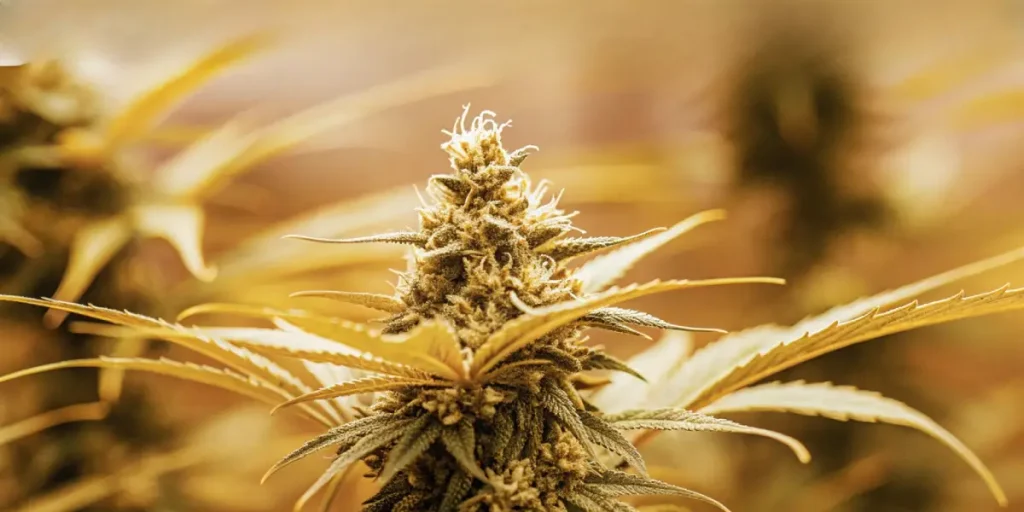gros plan hyperréaliste sur une tête de cannabis couverte de trichomes en intérieur