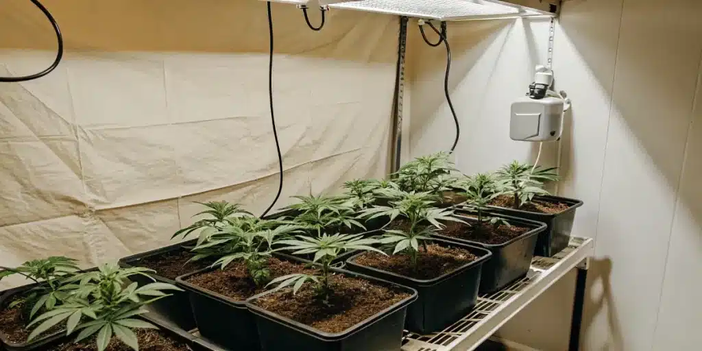 culture de cannabis en intérieur avec éclairage LED, plants en pots alignés sur étagère