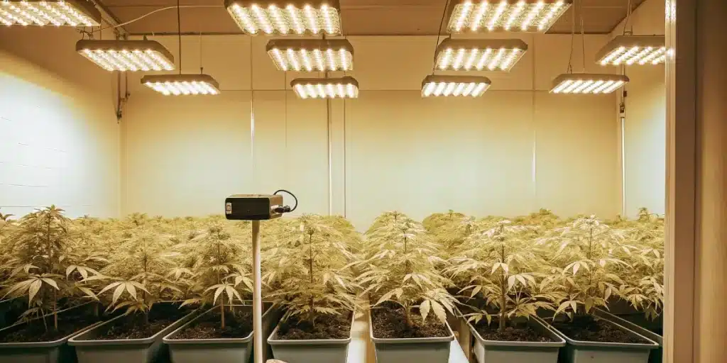 indoor cannabis grow room with professional LED lighting system and healthy cannabis plants in large pots