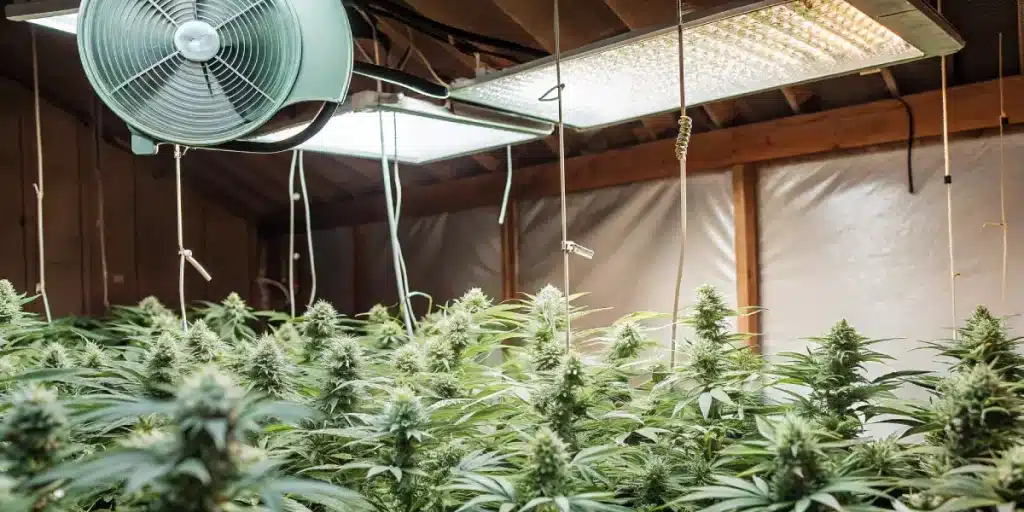 indoor cannabis grow room with ventilation fan and LED lighting