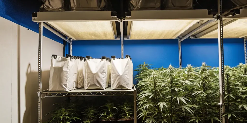 indoor cannabis grow room with nutrient bags and vibrant cannabis plants under artificial lights