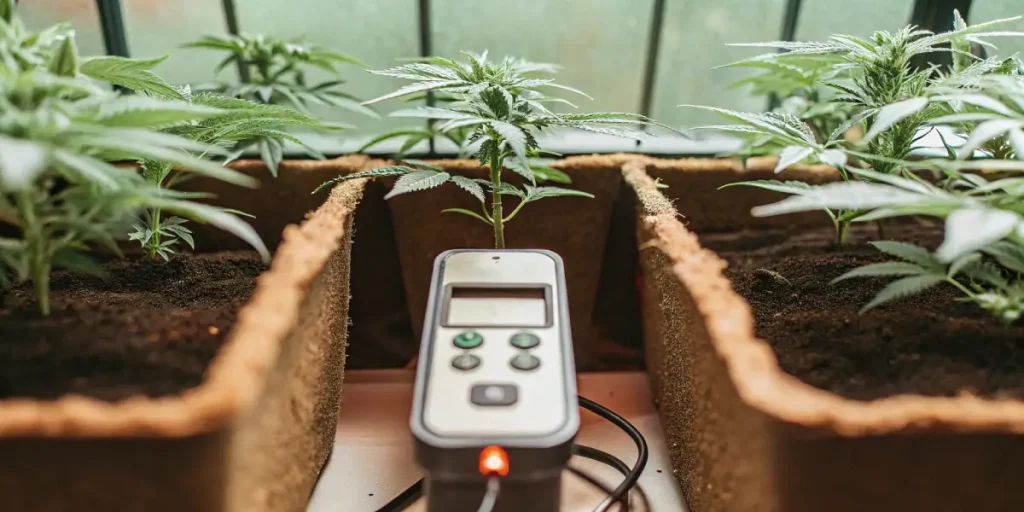 Jeunes plants de cannabis en intérieur avec un capteur numérique placé entre les pots de culture