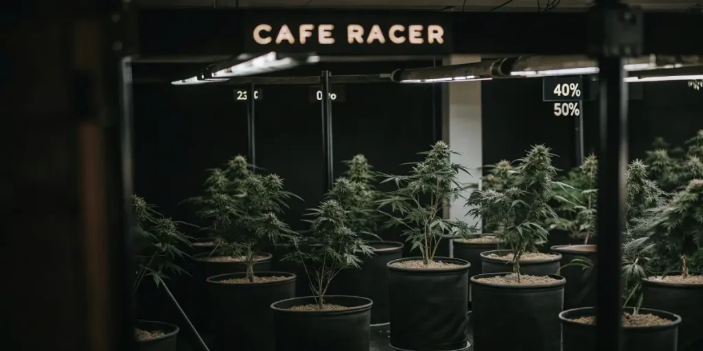 culture de cannabis en intérieur sous éclairage artificiel, variétés Cafe Racer en pots noirs