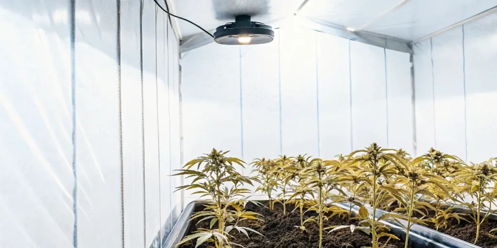 jeunes plants de cannabis en culture intérieure sous lampe horticole dans une chambre de culture tapissée