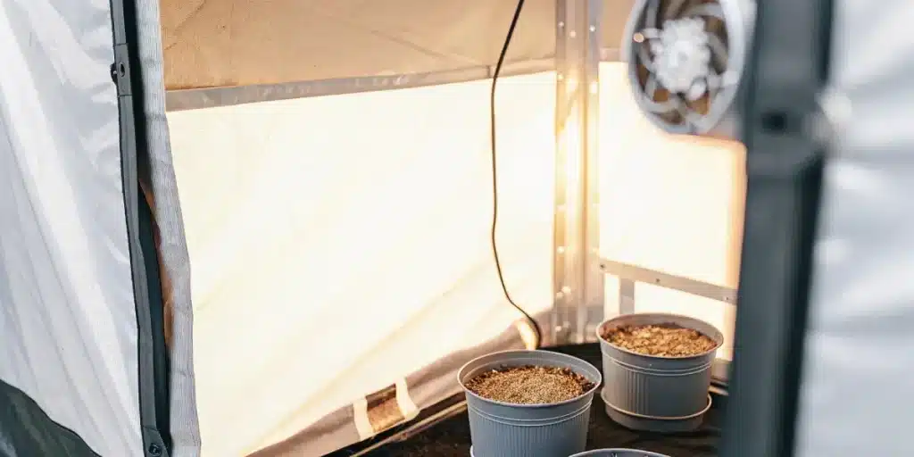 installation de culture intérieure de cannabis avec pots vides sous lumière chaude