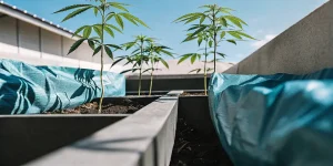outdoor raised bed garden with young 60 Day Wonder cannabis plants under natural sunlight