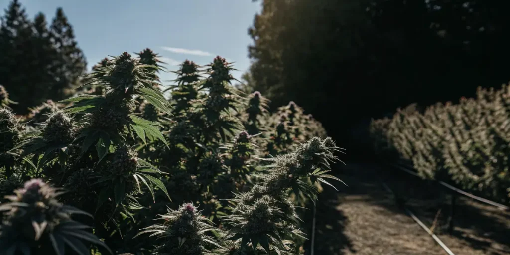 outdoor cannabis cultivation with mature flowering buds at sunset in a natural environment