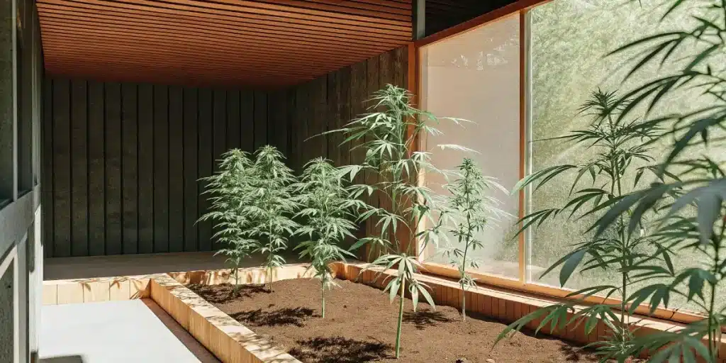 Culture semi-extérieure de plants de cannabis sous un toit moderne en bois et grandes baies vitrées