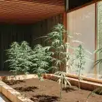 Culture semi-extérieure de plants de cannabis sous un toit moderne en bois et grandes baies vitrées