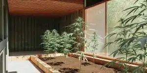 Culture semi-extérieure de plants de cannabis sous un toit moderne en bois et grandes baies vitrées