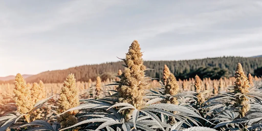 Champs de plants de cannabis en pleine floraison sous un ciel clair, au pied d'une forêt.