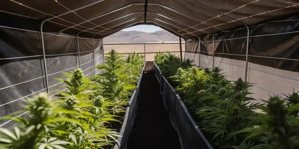 Allée de culture de cannabis en serre ombragée, jeunes plants verts.