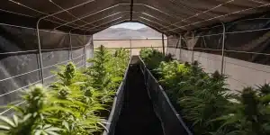 Allée de culture de cannabis en serre ombragée, jeunes plants verts.