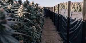 Longue allée de terre entre rangées de plants de cannabis matures ombragés, culture extérieure.
