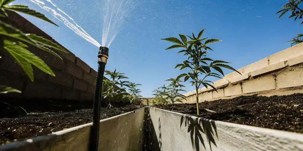 Jardin extérieur de cannabis avec plants sous arrosage automatique, ciel bleu.