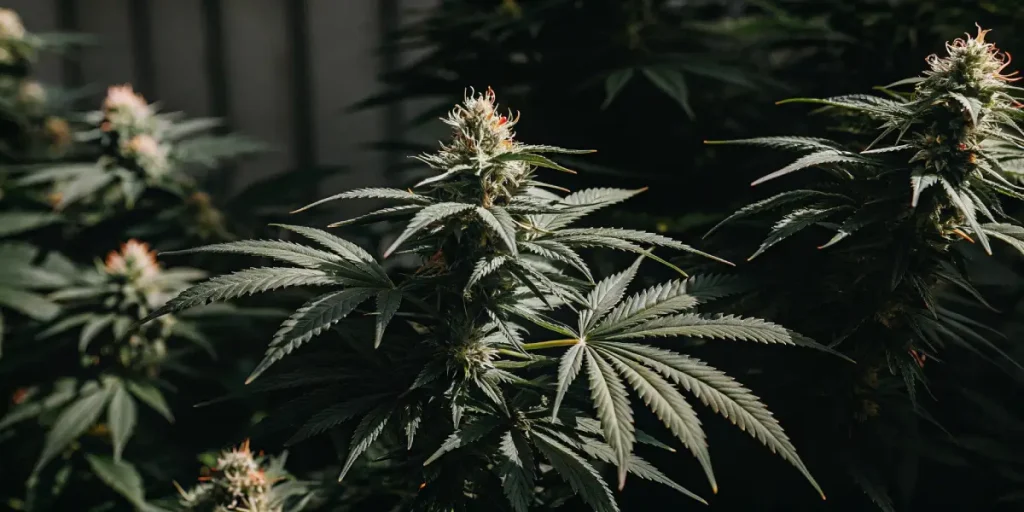 Gros plan d'un bourgeon de cannabis AK-47 Auto en croissance, feuilles sombres.