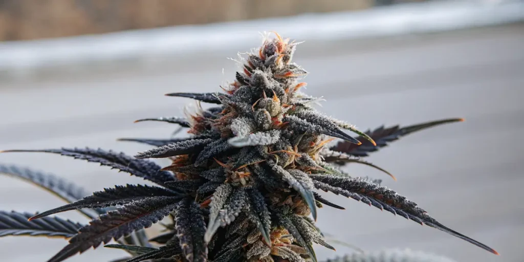 Macro d'un bourgeon de cannabis Alien OG givré, feuilles foncées, pistils orange.