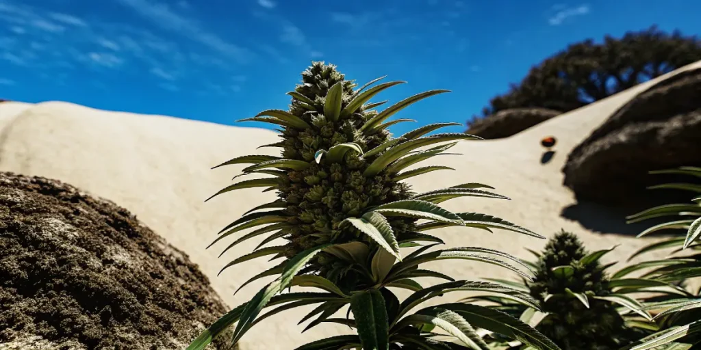 Gros plan hyperréaliste d'un bourgeon de cannabis Alien Rock vert et dense, sous un ciel bleu.