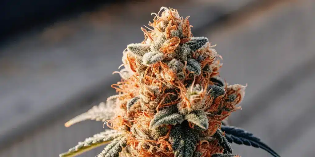 Gros plan hyperréaliste d'un bourgeon de cannabis mature, trichomes et pistils orange.