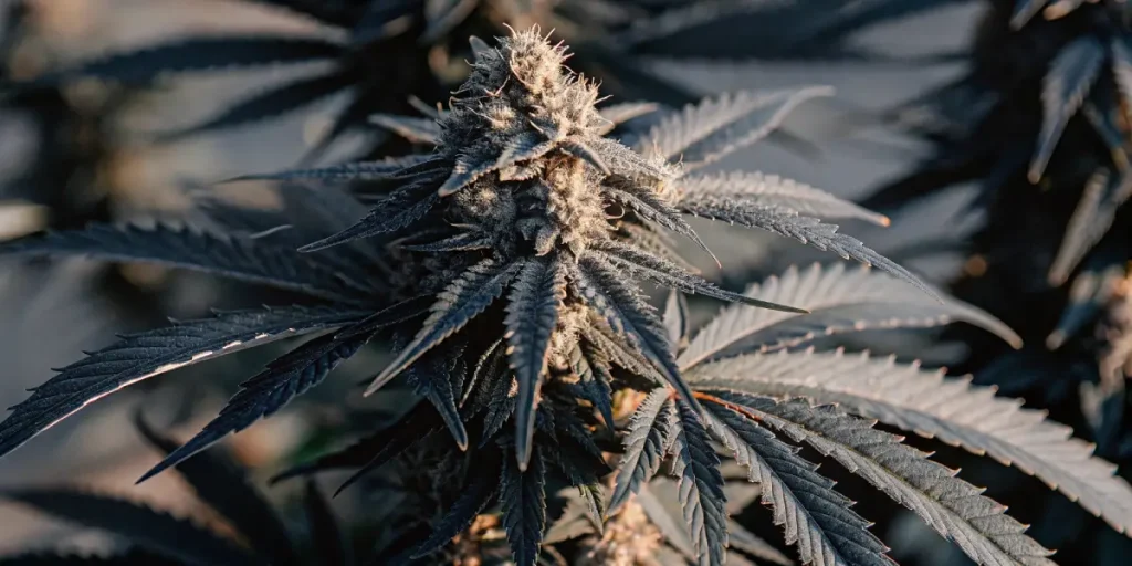 Gros plan d'un bourgeon Afghan Kush aux feuilles sombres, teintes violettes et trichomes.