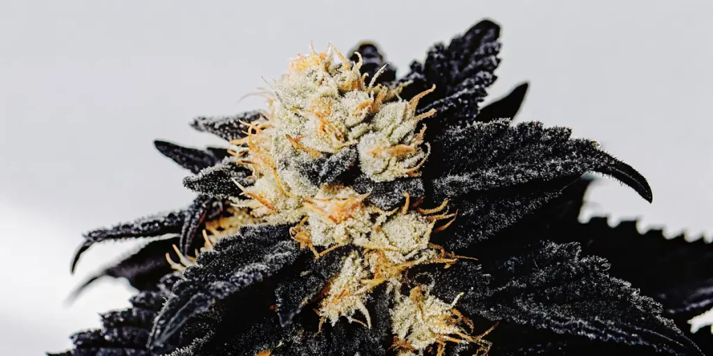 Gros plan hyperréaliste d'un bourgeon de cannabis aux feuilles violettes, pistils orange et trichomes.