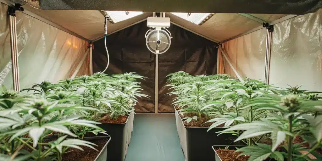 Chambre de culture intérieure avec jeunes plants de cannabis verts en rangées, ventilateur.