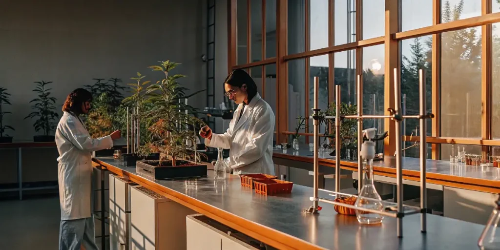Scientifiques en blouses blanches dans laboratoire avec plantes sous lampes de croissance.