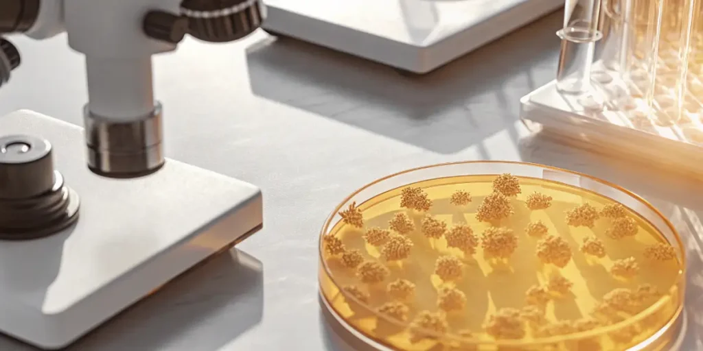 Boîte de Pétri avec colonies bactériennes jaunes près d'un microscope.