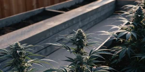 Plants de cannabis robustes en croissance dans des bacs extérieurs sous le soleil.
