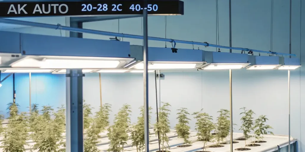 Plants de cannabis AK Auto en culture hydroponique sous éclairage LED moderne, affichage.