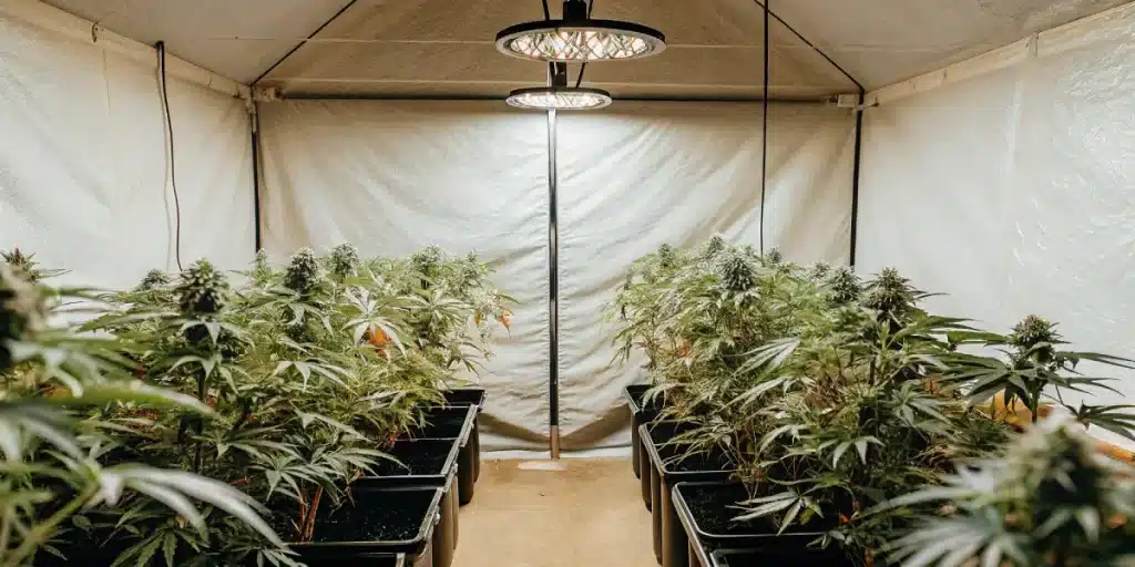 Chambre de culture intérieure avancée, rangées de plants de cannabis sous lampes rondes.