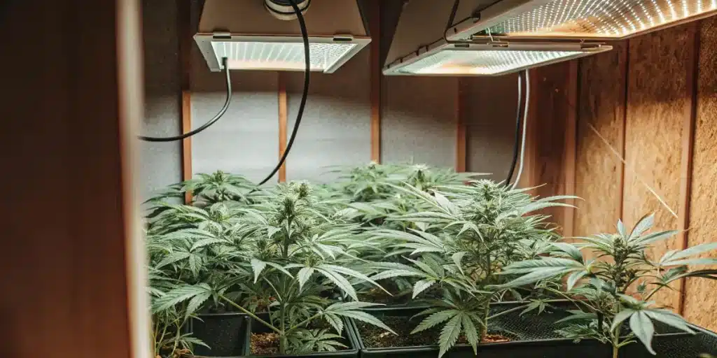Plants de cannabis en culture intérieure sous lampes carrées, structure en bois.