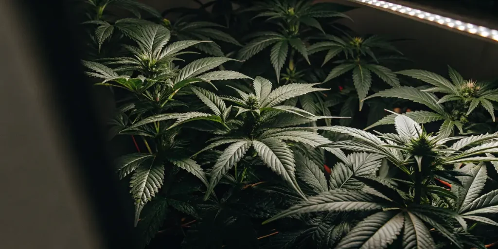 Plants de cannabis aux feuilles larges et denses sous lumière de culture, ambiance sombre.