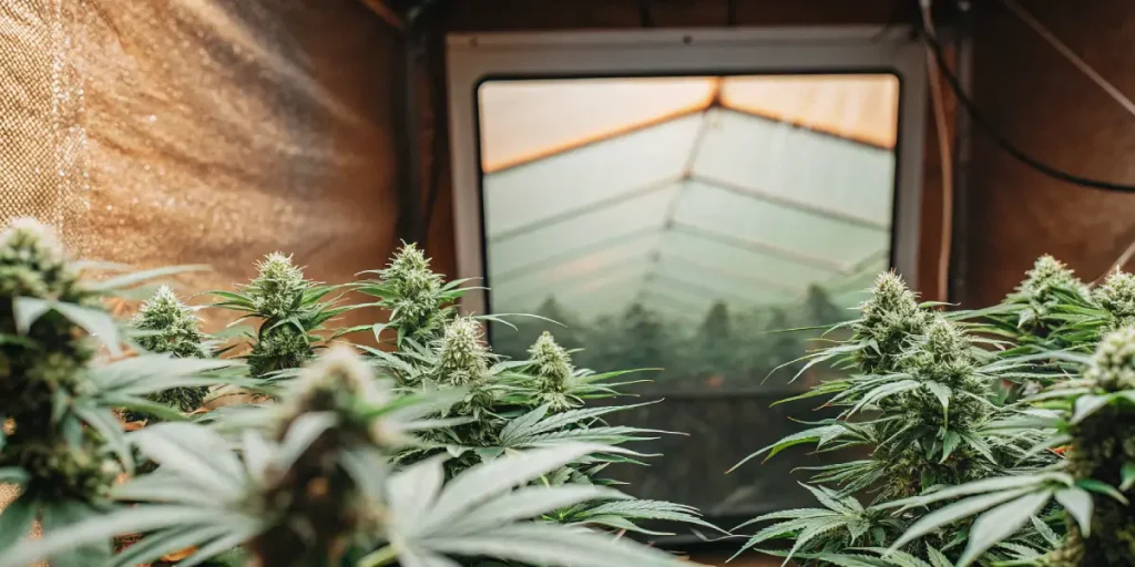 Plants de cannabis en floraison en intérieur, reflet d'une serre extérieure sur écran.