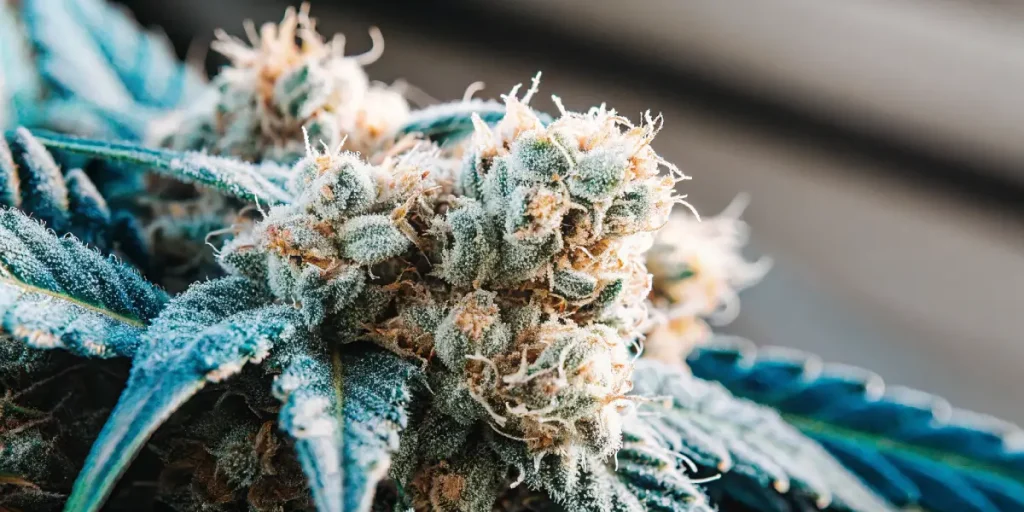 Gros plan détaillé d'un bourgeon de cannabis Alien Rock givré, aux feuilles bleutées.