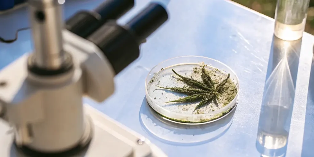 Feuille de cannabis dans boîte de Pétri près d'un microscope.