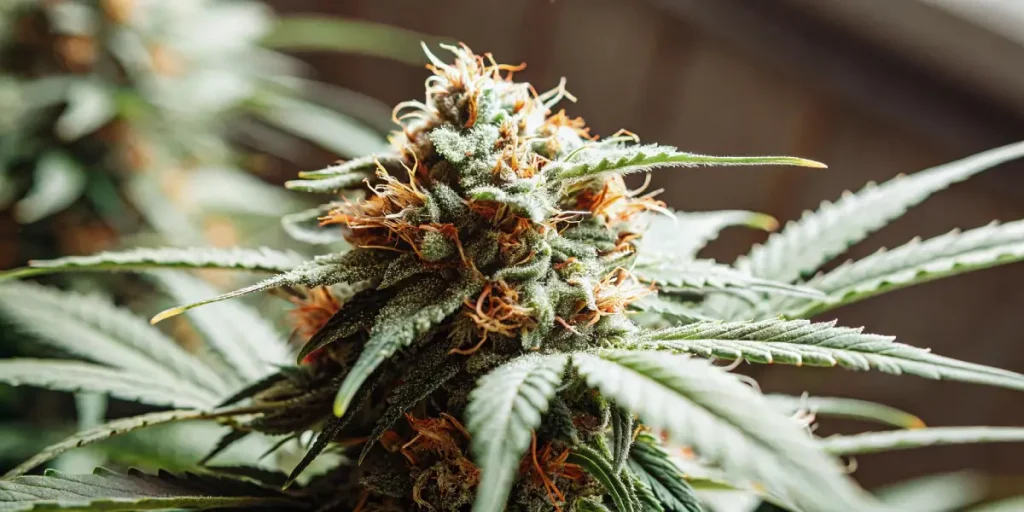 Gros plan hyperréaliste d'une fleur de cannabis AK-47 Auto mûre, pistils orange vifs, trichomes.