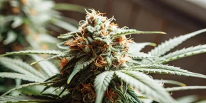 Gros plan hyperréaliste d'une fleur de cannabis AK-47 Auto mûre, pistils orange vifs, trichomes.