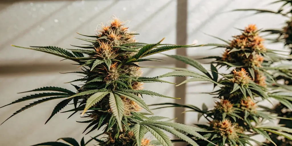 Gros plan d'une fleur de cannabis AK-47 Auto mûre, pistils orange vifs.