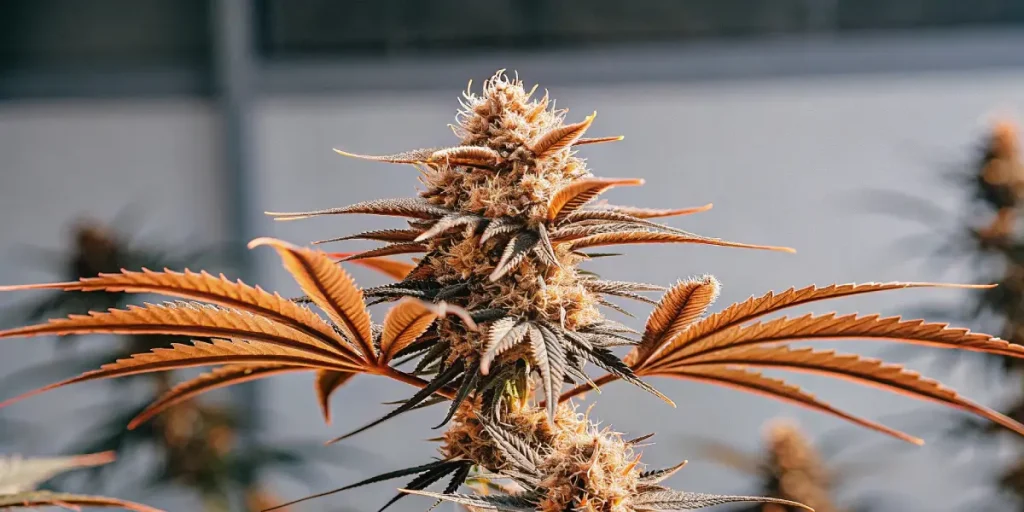 Gros plan ultra-détaillé d'une fleur de cannabis AK-47 Auto mûre, feuilles oranges.