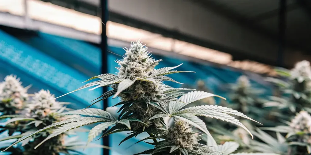 Gros plan sur une tête de cannabis en floraison, trichomes visibles, fond flou.