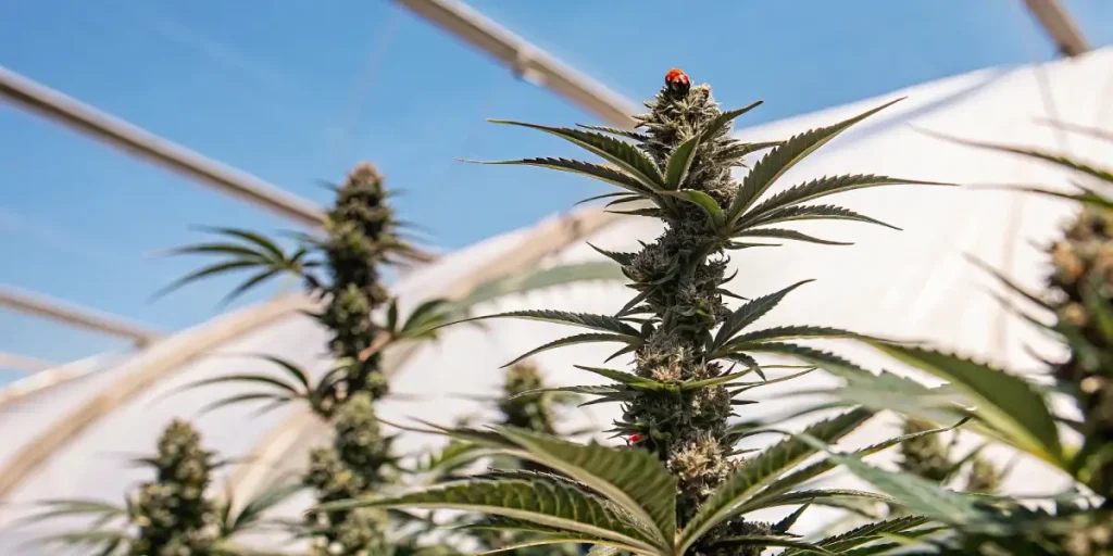 Plant de cannabis extérieur avec coccinelle sur bourgeon, sous filet d'ombrage, ciel bleu.