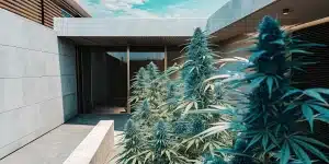 Jardin extérieur de cannabis luxuriant devant une architecture moderne, ciel bleu.