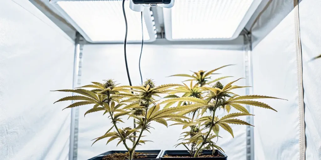 Jeunes plants de cannabis sous lampes LED de culture, feuillage vert-doré.