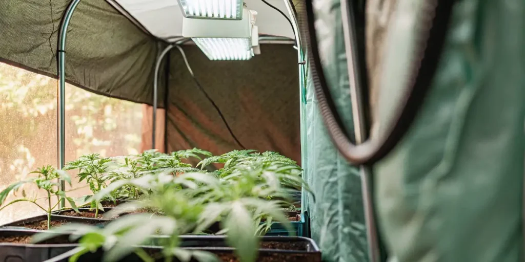 Jeunes plants de cannabis en pots alignés dans une serre intérieure, lumière naturelle.