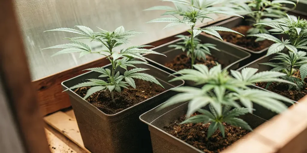 Plusieurs jeunes pousses Afghan Kush x Blueberry en pots, serre de culture.