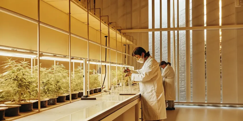 Scientifiques en blouse blanche examinant des plantes dans un laboratoire botanique high-tech.